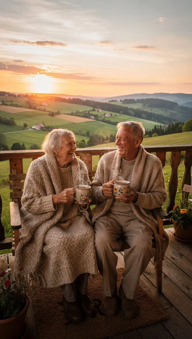 Západ slnka nad krajinou, s čajovými poľami a pohárom čaju v popredí