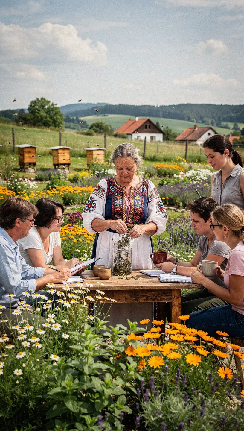 Zátišie s čajovou kanvicou a bylinkami na drevenom stole.