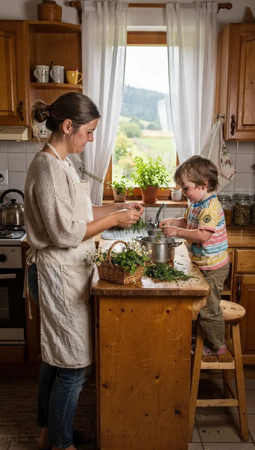 Šálka voňavého bylinkového čaju na drevenom stole v prírodnom prostredí